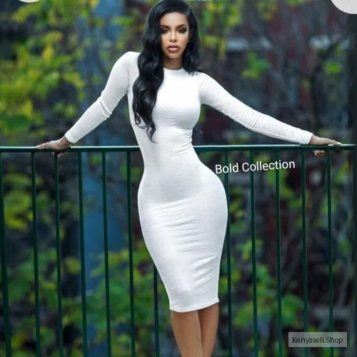 Hottest Longsleeve White Mock Neck Stretchy Bodycon Dress (Hips 34-44" Fit)
