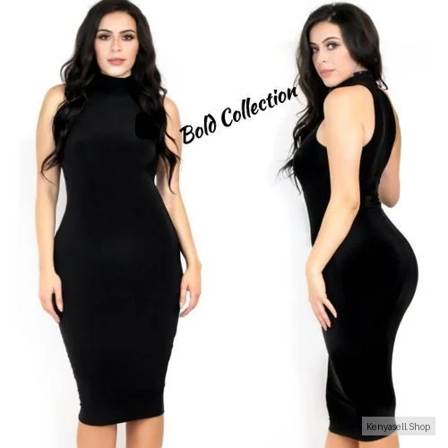 Sexiest BIG SIZE Black Mock Neck Stretchy Bodycon Dress (Hips 40-46" Fit)