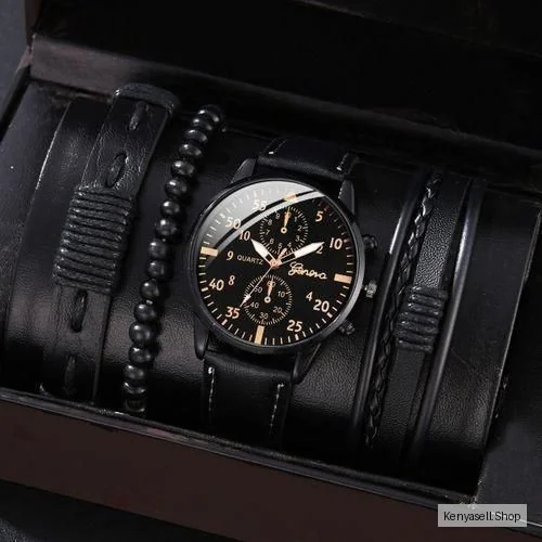 Men Watch Versatile Business Belt Quartz Watch Bracelet Set