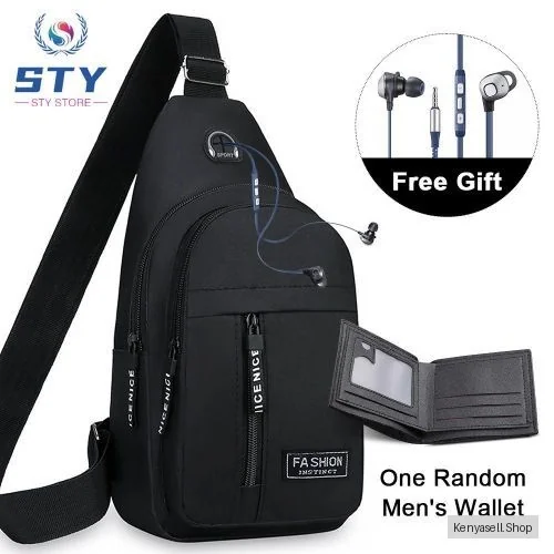 STY Men Chest Bag Sling Bag + Wallet + Wired Earphones (Free Gift) - Black