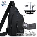 STY Men Chest Bag Sling Bag + Wallet + Wired Earphones (Free Gift) - Black