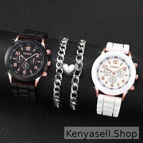 Fashion Three Eyes Couple Watch + Love Bracelet - Black/White