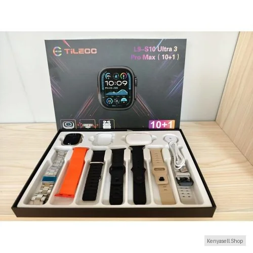 TiLECC Smart Watch Ultra 10 In1 Waterproof 7 Straps + Protective Case + Earphones Black