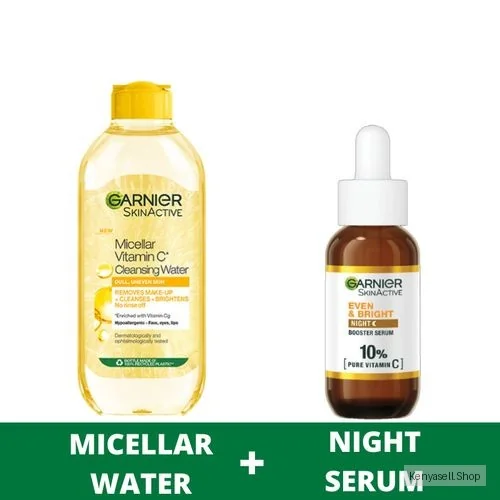 Garnier Eventone Night Routine Kit - Even & Bright Vitamin C Night Serum 30ml +  Even & Matte Brightening Micellar Water With Vitamin C 400ml