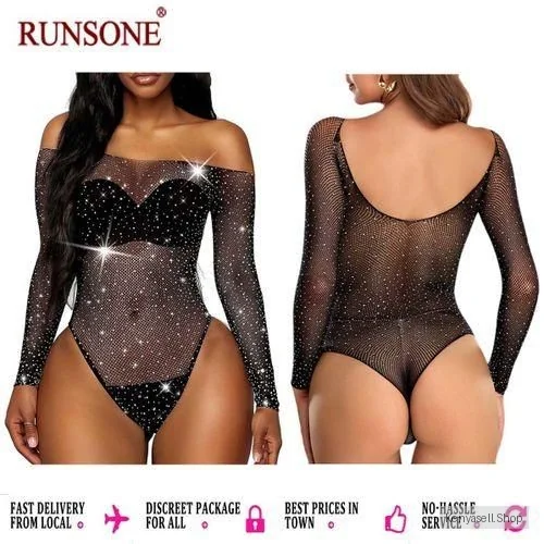 RUNSONE Women Sparkle Sexy Bodysuit Fishnet Rhinestone Sheer Teddy Bodystocking Gift