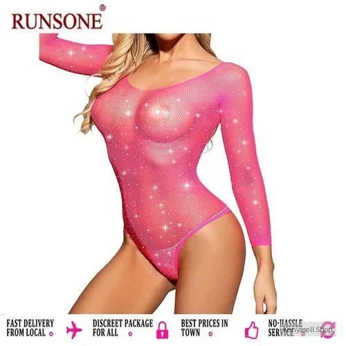 RUNSONE Women Sparkle Sexy Bodysuit Fishnet Rhinestone Sheer Teddy Bodystocking Gift