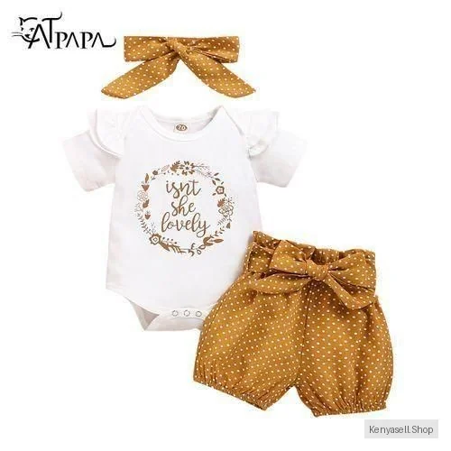 Baby Girls Letter Print Short Sleeve Bodysuit + Polka Dot Shorts + Headband