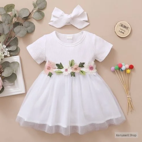 Infant Baby Girl Embroidery Flowers White Short Sleeves Princess Dress
