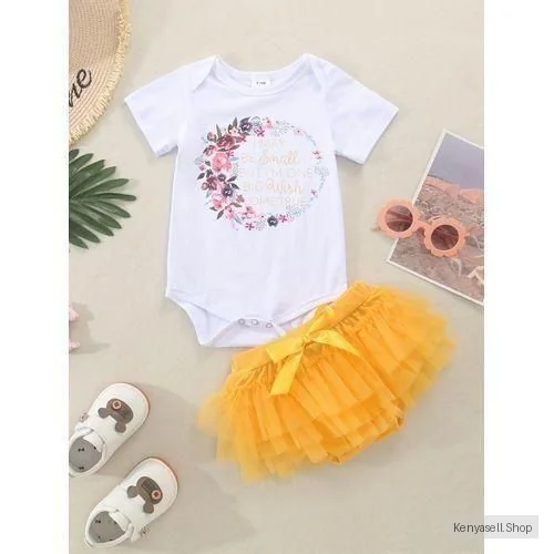 Catpapa 0-12Months Baby Girl 2pcs Flower Print Bodysuit+Mesh Skirt-Y