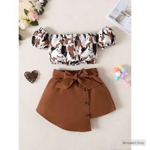 Catpapa 2PCS 0-4 Years Kid Girl Off Shoulder Bubble Sleeve Top With Corduroy Skirt