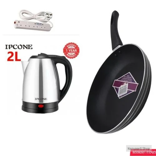 IPCONE 2L Stainless Steel Electric Kettle + 26cm Non-Stick Frying Pan + FREE 4-Way Power Extension – Complete Kitchen Combo