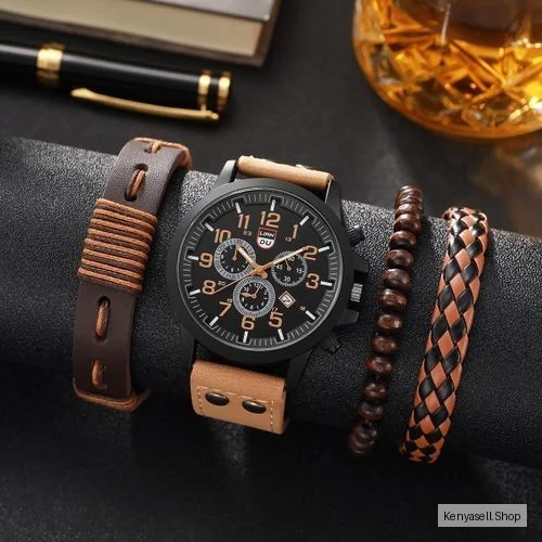 4-piece Men's Watch And Bracelet Set,Watch Series,Paired With Necklace And Ring