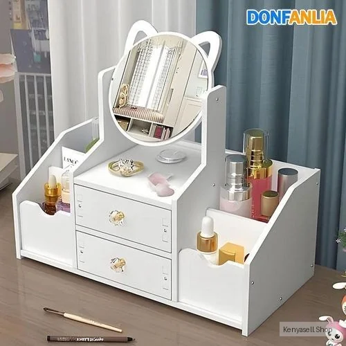 DONFANLIA Cosmetic Storage Box With Square Mirror Desktop Drawer Holder Cosmetic Storage for Dresser Vanity and Bathroom - White