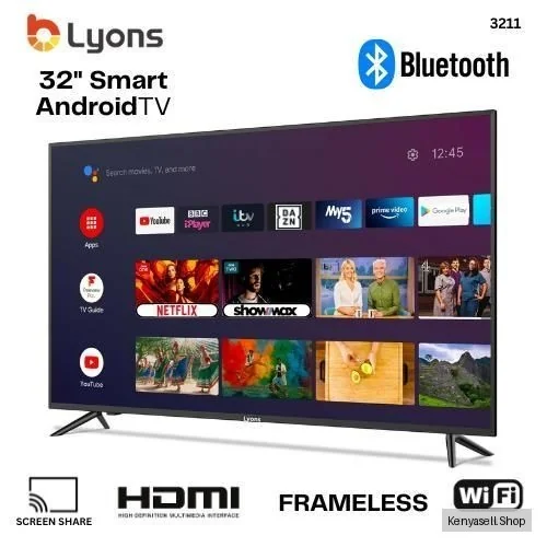 Lyons LST3211W 32 inch HD Frameless Android Smart TV - WiFi, Netflix, YouTube, HDMI, Bluetooth - Black