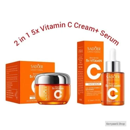 SADOER 2 In 1 Skin Active 5 X Vitamin C Serum + Complementary 5x Vitamin C Cream, For Deep Hydration, Whitening Dark Spots, Moisturizing, Skin Tone Brightening And Skin Nourishment +Niacinamide