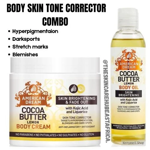 American Dream Cocoa Butter Body Oil & Body Cream/SKIN TONE CORRECTOR Set for Skin Brightening (500ML CREAM+200ML BODY OIL)