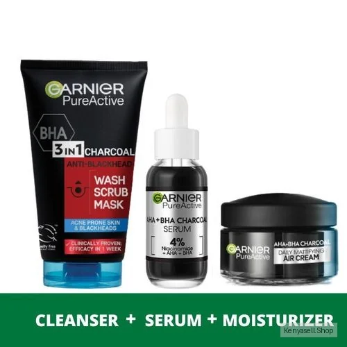 Garnier Acne Control Routine Kit: Pure Active 3 in 1 Charcoal Wash, Scrub, Mask 150ml+ AHA+BHA Charcoal Serum 30ml+ Mattifying Air Cream 50ml