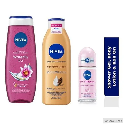 NIVEA Indulge Gift Pack - (Nourishing Cocoa Body Lotion 400ml,Waterlily Shower Gel 250ml & Pearl & Beauty Roll-On 50ml)