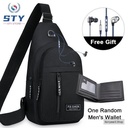 STY Men Chest Bag Sling Bag + Wallet + Wired Earphones (Free Gift) - Black