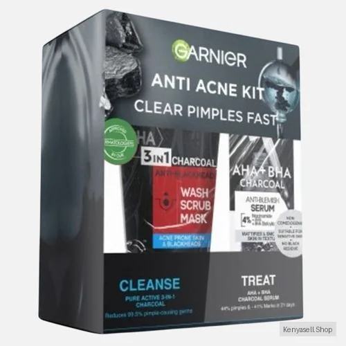 Garnier Anti Acne Cleanser And Treatment Kit: Garnier AHA+BHA Charcoal Serum 30ml + Pure Active 3-in-1 Charcoal Mask 150ml