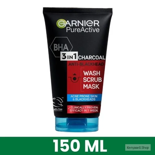 Garnier Pure Active 3-in-1 Anti Blackhead, Wash, Scrub, Mask, With BHA (Salycilic Acid) and Charcoal for Acne Prone Skin and Blackeads, 150ml