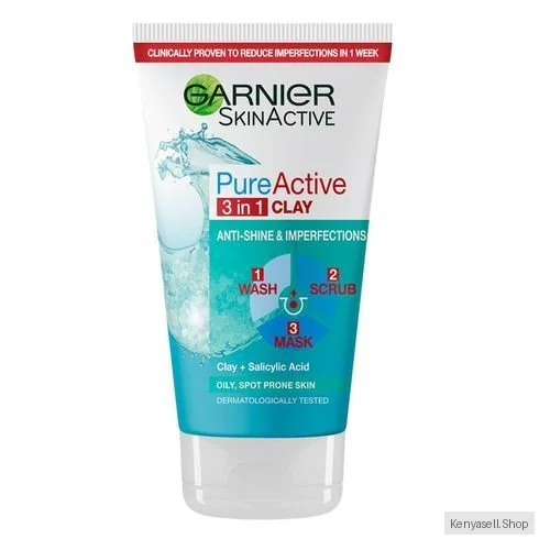 Garnier Pure Active 3 In 1 Clay Anti-Shine & Imperfections Wash, Scrub, Mask With Clay+ Salicylic Acid For Oily, Spot-Prone Skin - 150ml