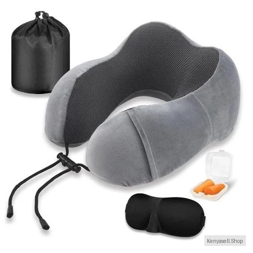 Memory Foam Travel Neck Pillow, Neck Support Pillow - With Storage Bag, Earmuffs and Eye Mask - Gray