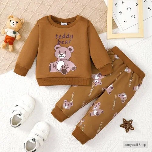 Catpapa Cozy 2-Piece Set for Baby Boys 0-3Y: Cartoon Bear & Alphabet Print Long-Sleeve Pajama Set – Fall-Winter Snug Fit