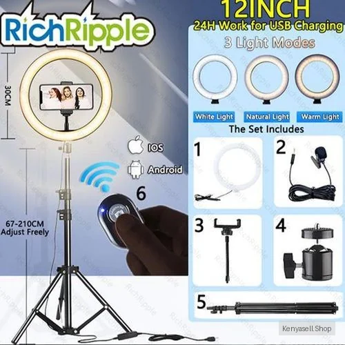 RichRipple 6in1  Ring Light 12 Inch+2.1M Tripod Stand For Tiktok Youtube Gift:Mic+Remote
