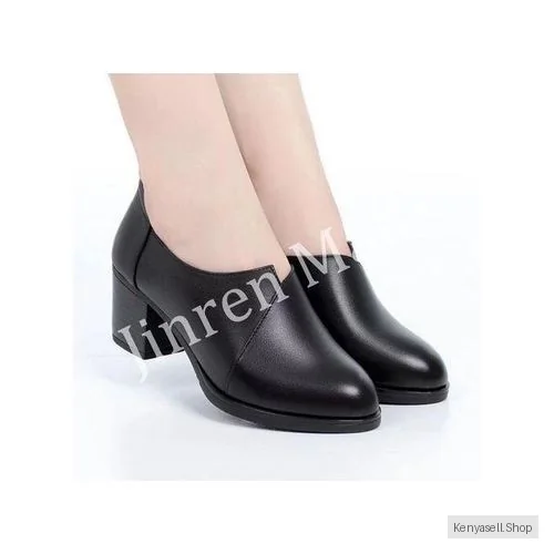 Ladies Fashion PU Chunky Heel Shoes-Black